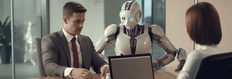 Two individuals and a robot collaborate at a table, engaged in a shared task.